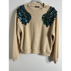 Shein Women’s Beige Sweater with Green Sequin Large